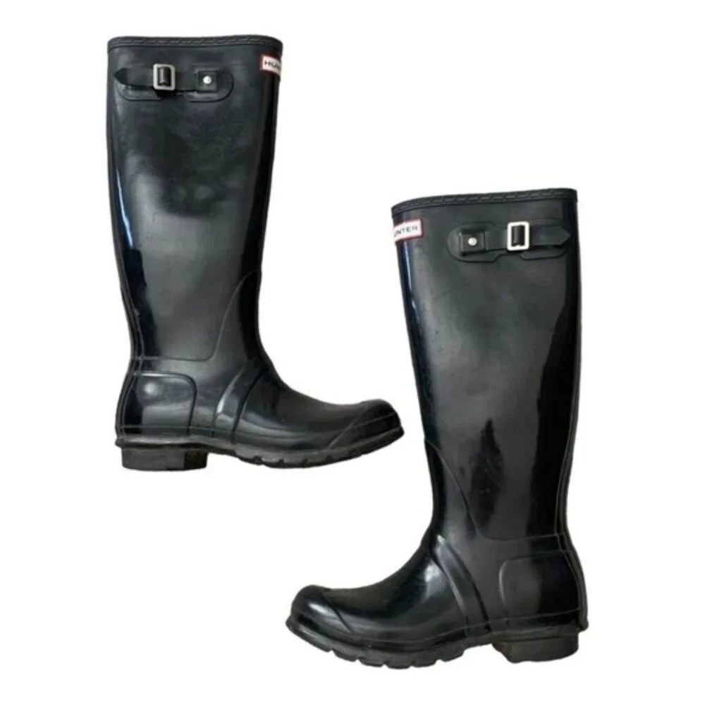 Hunter Wellies Tall Glossy Black Rain Boots Size 6